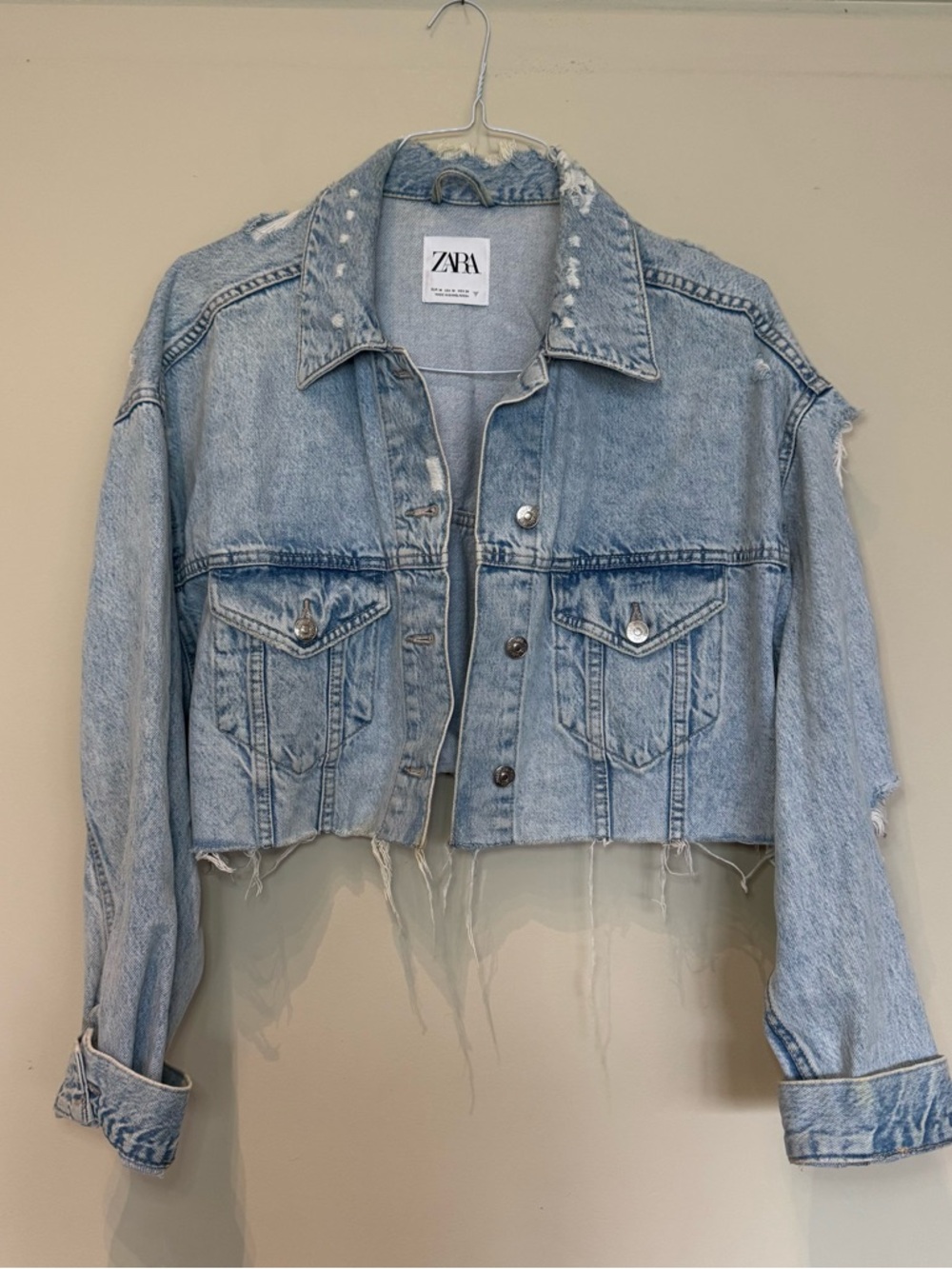 ZARA Light Blue Cropped Denim Jacket with Distressed Trim
